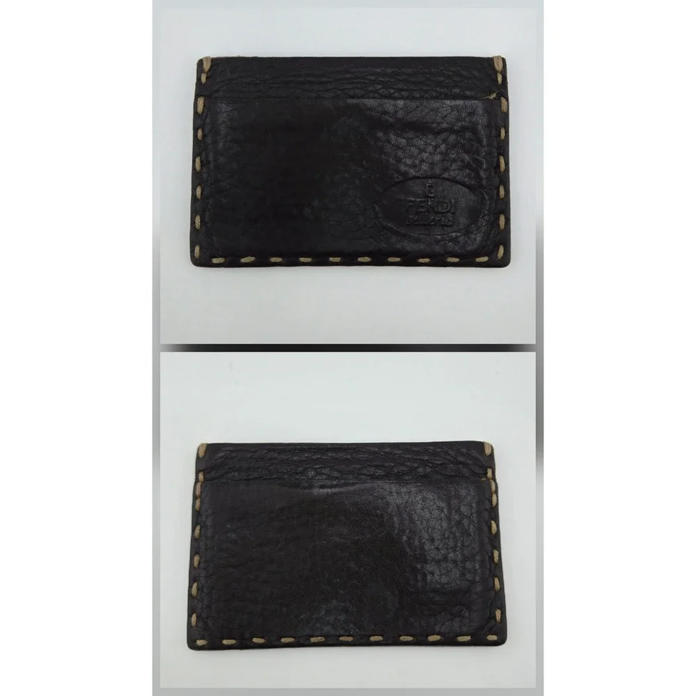 Fendi Selleria Card Holder Wallet Brown Pebbled Leather Vintage Hand Stitched
